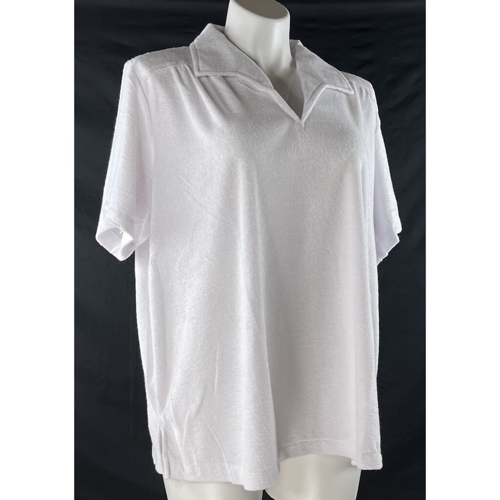Terry Cloth Collard Shirt Top White Short‎ Sleeve Side Vents Womens Size 48